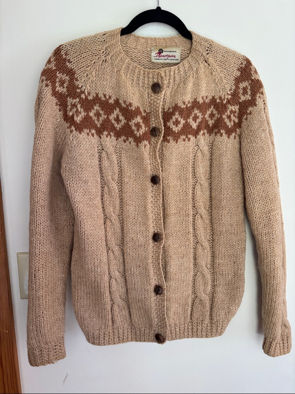 Hand-Knit Denmark 100% pure Wool Cardigan with Brown Fair Isle vintage Danskin